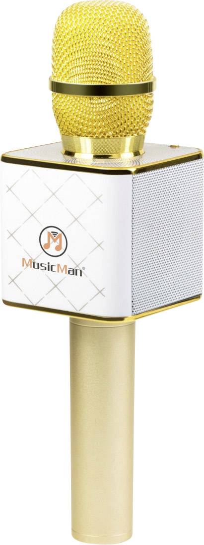 Zlatý mikrofon s bílou čtvercovou základnou potištěnou logem 'MusicMan'. Ideální pro zpěv a nahrávání.