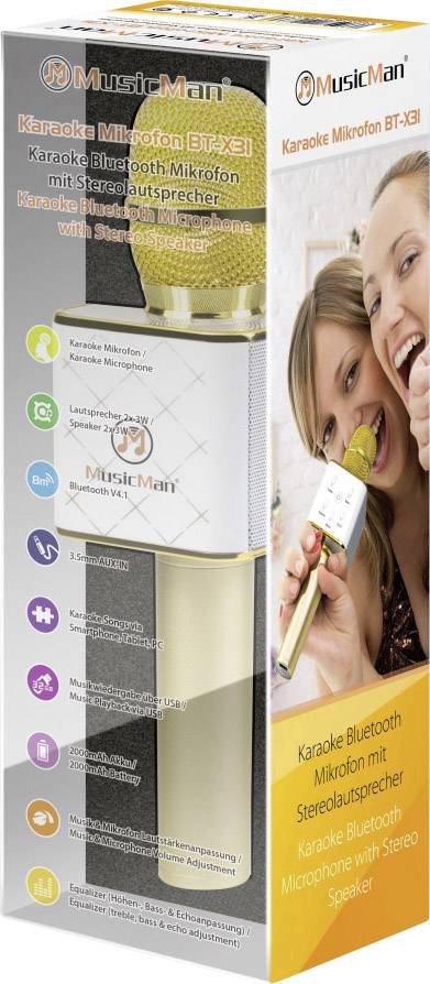 'Karaoke mikrofon BT-X31 od MusicMan: Bluetooth, se stereo reproduktorem, zlaté barvy. Dvě osoby vesele zpívají do mikrofonu.'