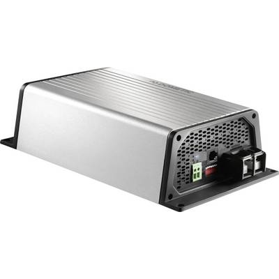 Obdélníkové elektronické zařízení v stříbrném pouzdře s černými konci a několika přípojkami na jedné straně.