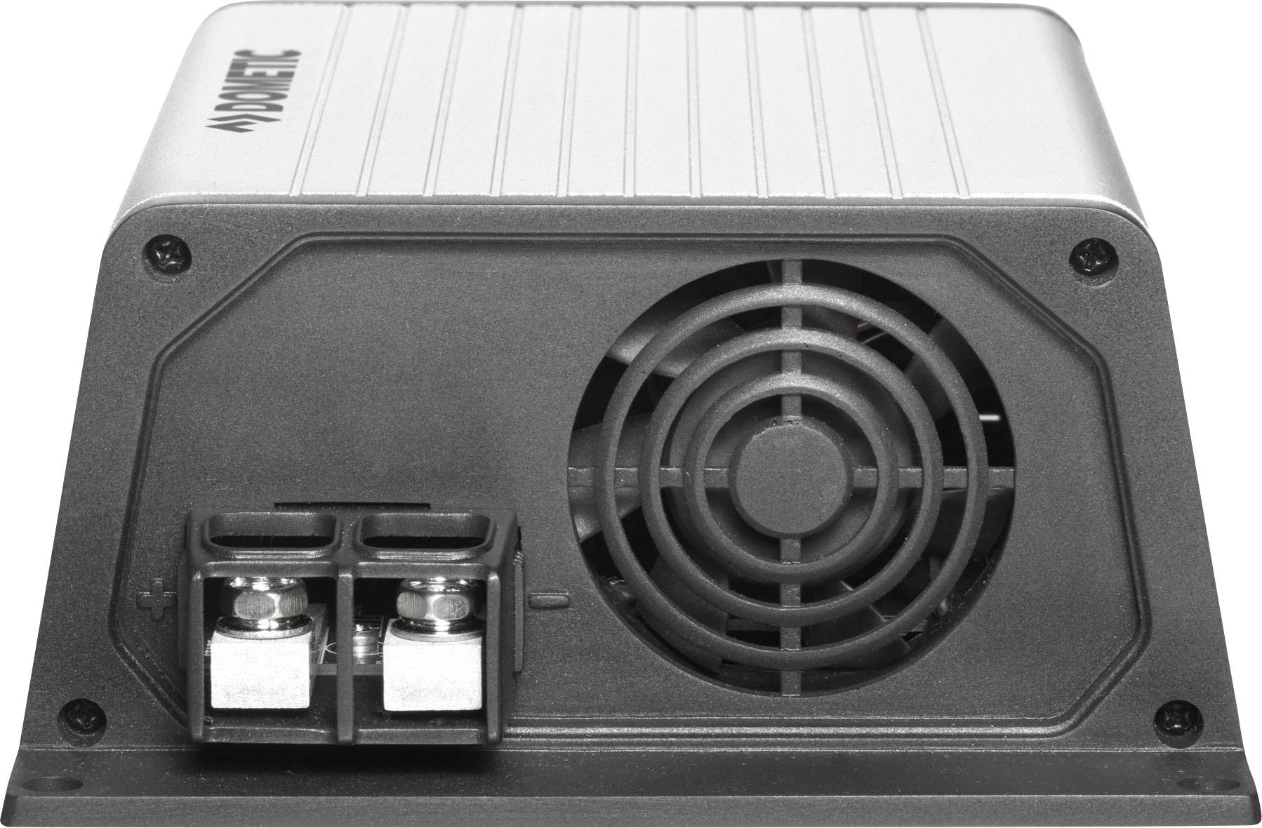 Obdélníkové elektronické zařízení s ventilátorem a dvěma přípojkami na zadní straně. Vypadá průmyslově.