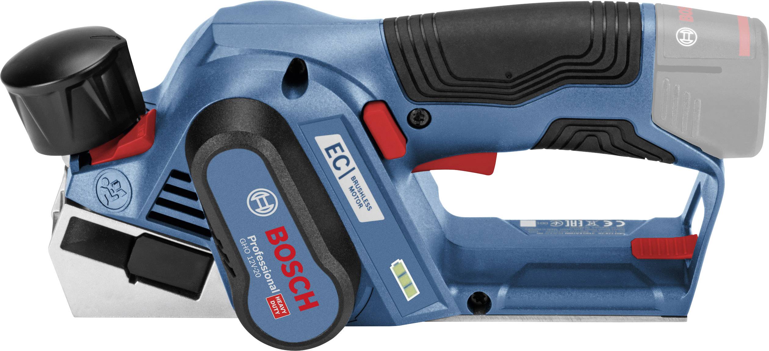 'Bosch elektrický hoblík v modré barvě s černou rukojetí, číslo modelu viditelné na straně. Zařízení je vyfotografováno v šikmém pohledu z boku.'