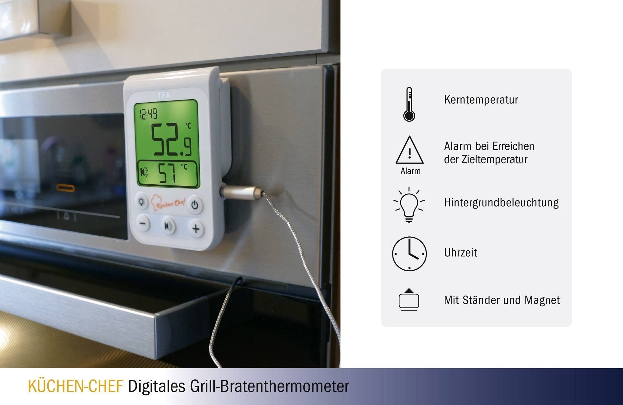 Digitální grilovací teploměr s měřením teploty jádra ukazuje 52,9°C. Mezi uvedenými funkcemi jsou měření teploty jádra, alarm a podsvícení displeje.