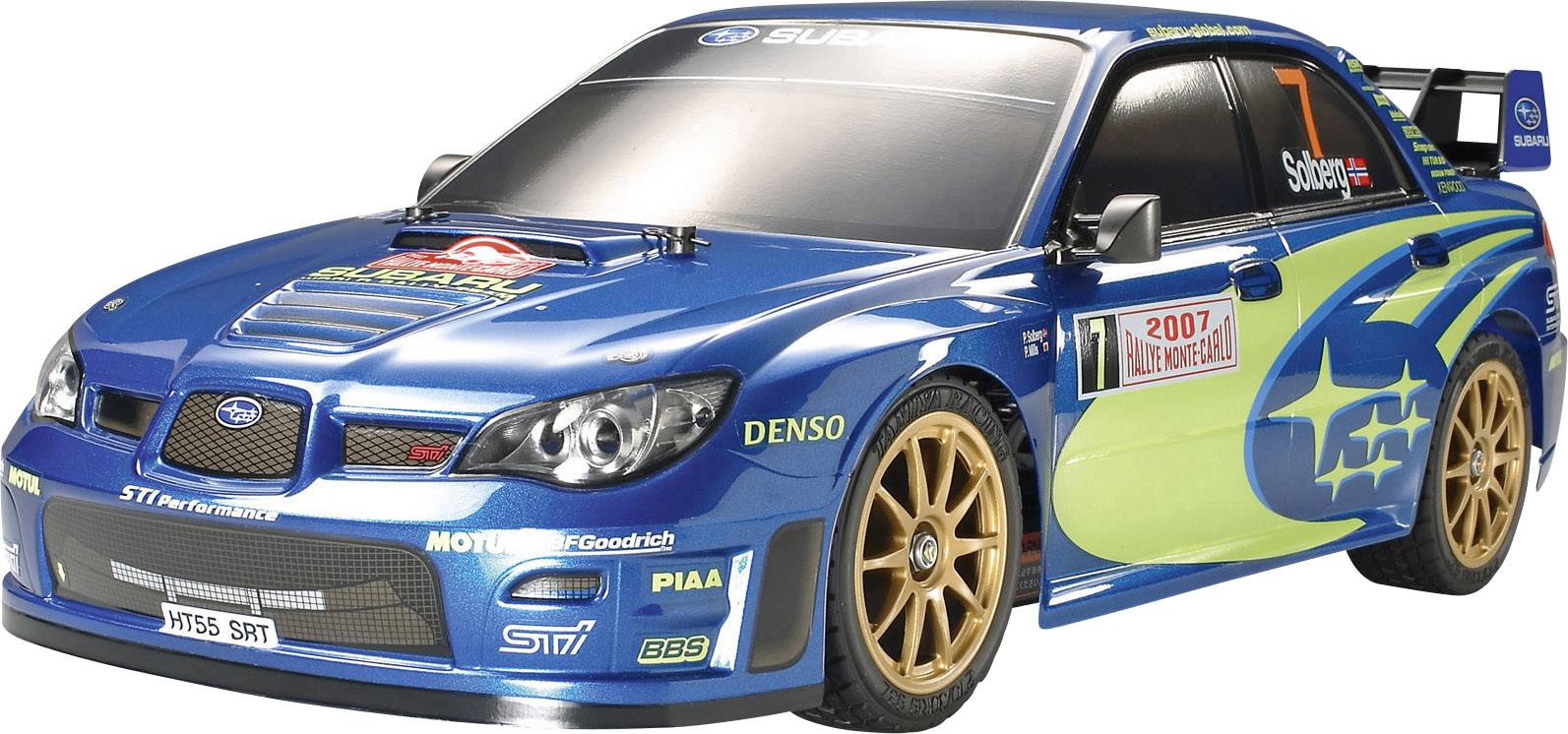 Modré-zelené hračkové auto s nálepkami pro závodní auto. Má zlatá kola a na boku nápis '2007'.