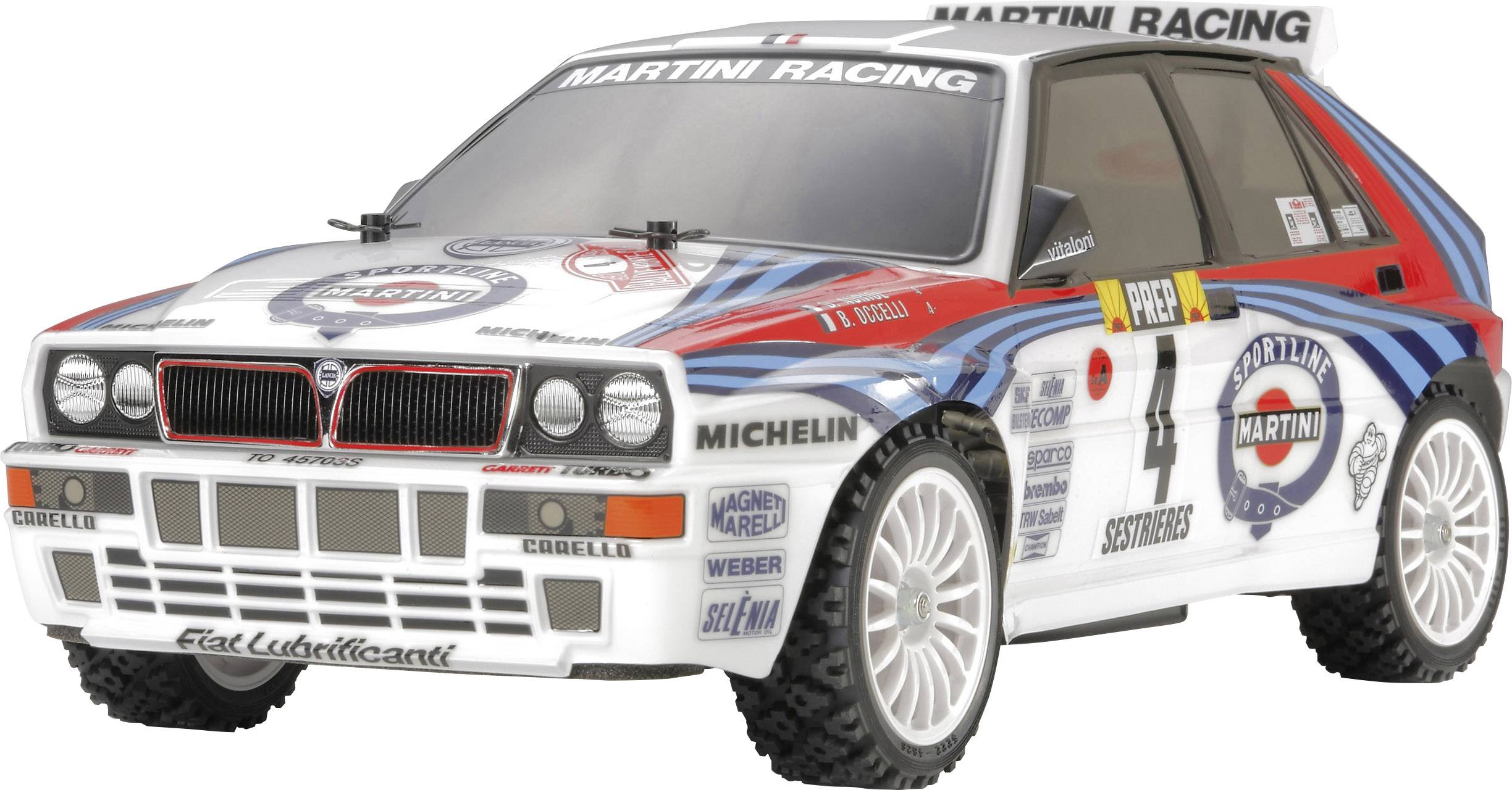 Závodní model vozu s nápisem 'Martini Racing', červeno-modrým pruhovým designem a číslem 4 na boku.