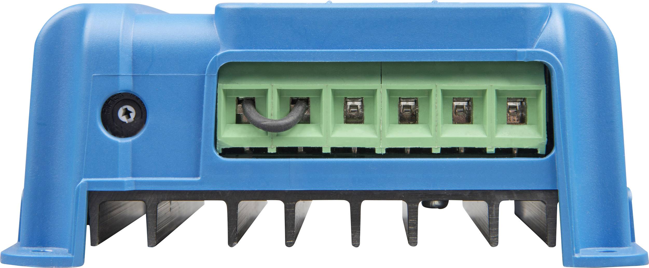 Modré elektronické zařízení se zeleným připojovacím blokem na přední straně, pravděpodobně nabíječ nebo kontrolní jednotka.