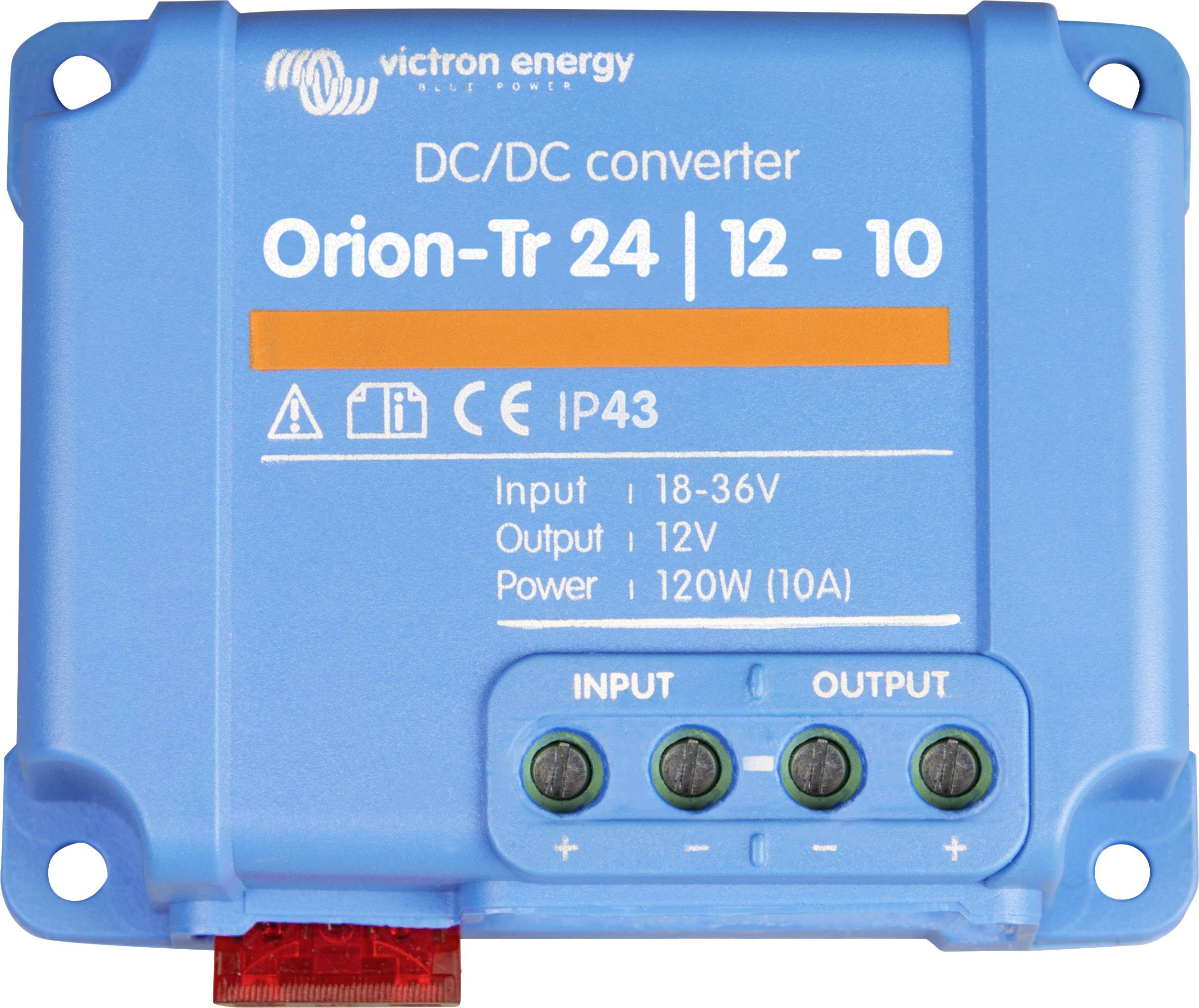 Modrý DC/DC měnič od Victron Energy, model 'Orion-Tr 24 | 12 - 10'. Rozsah vstupního napětí 18-36V, výstup 12V, výkon 120W (10A).