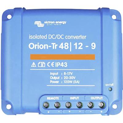 Modrý DC/DC měnič 'Orion-Tr 48/12-9' od Victron Energy. Podporuje vstup 8-17V, výstup 20-30V, výkon 120W. Certifikován IP43.