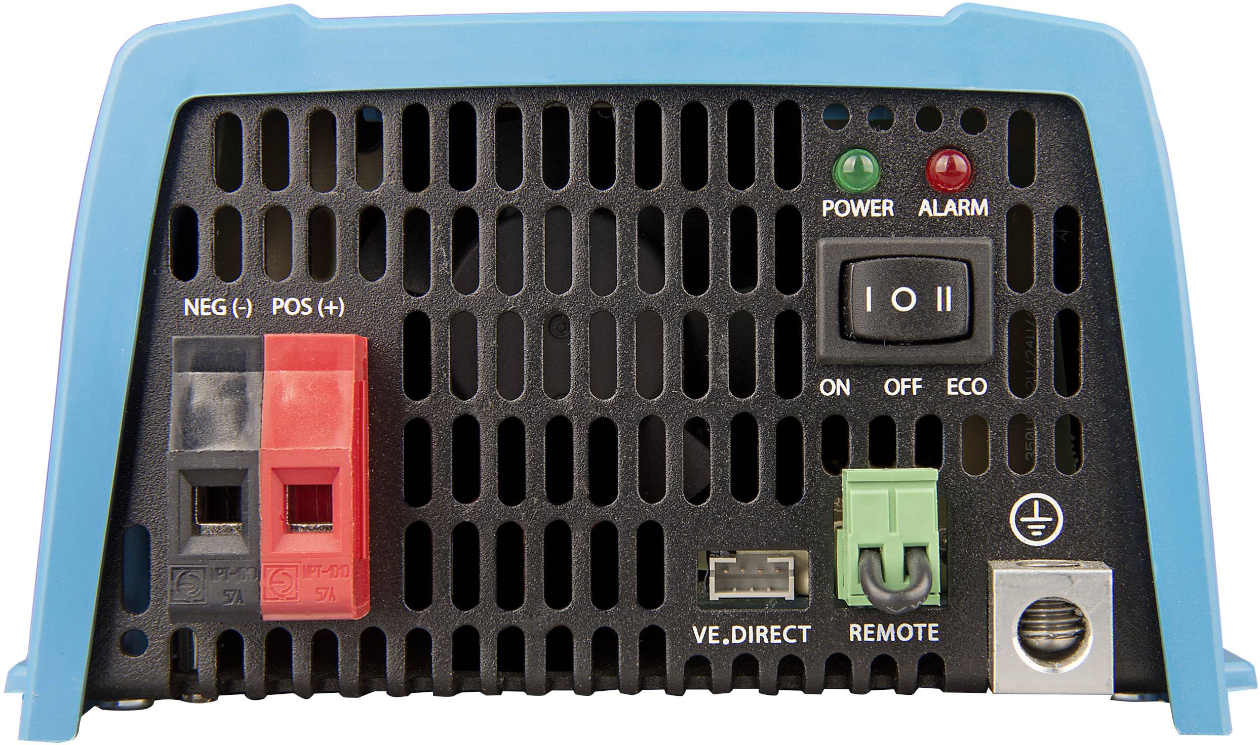 Zadní strana modrého elektronického zařízení s konektory, přepínači a kontrolkami. Přepínače pro 'Zapnuto', 'Vypnuto' a 'Úsporný režim'.