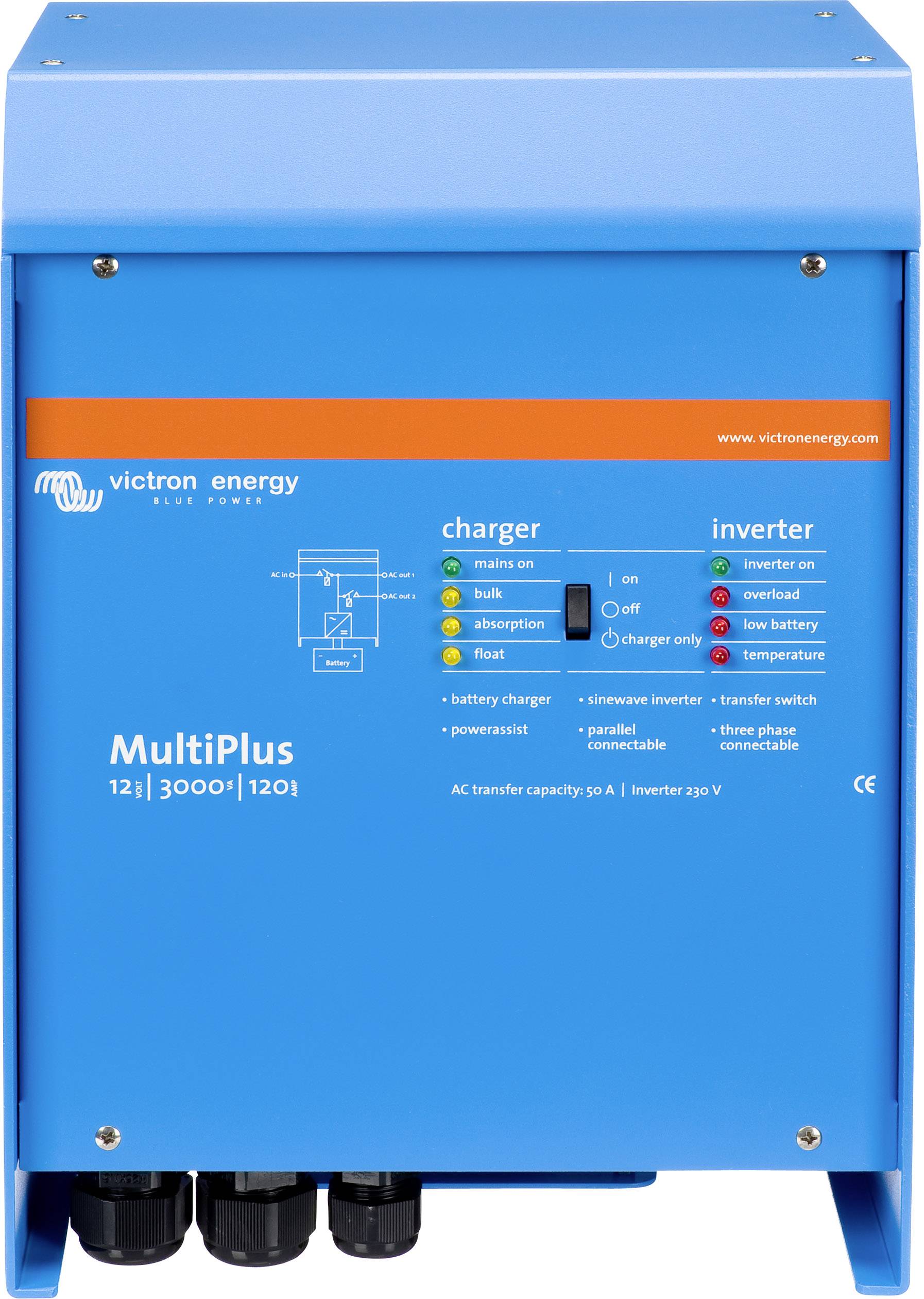 Modrý měnič nabíječ od společnosti Victron Energy, model 'MultiPlus 12/3000/120-16', s funkcemi nabíjení a měniče.