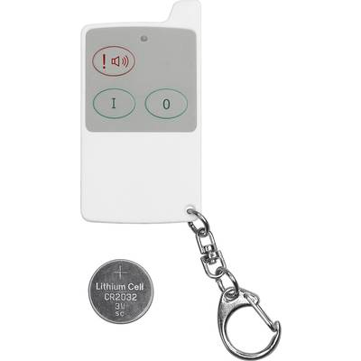 Dálkový ovladač se třemi tlačítky a přívěškem na klíče. Vedle něj knoflíková baterie s nápisem 'Lithium Cell CR2032 3V'.