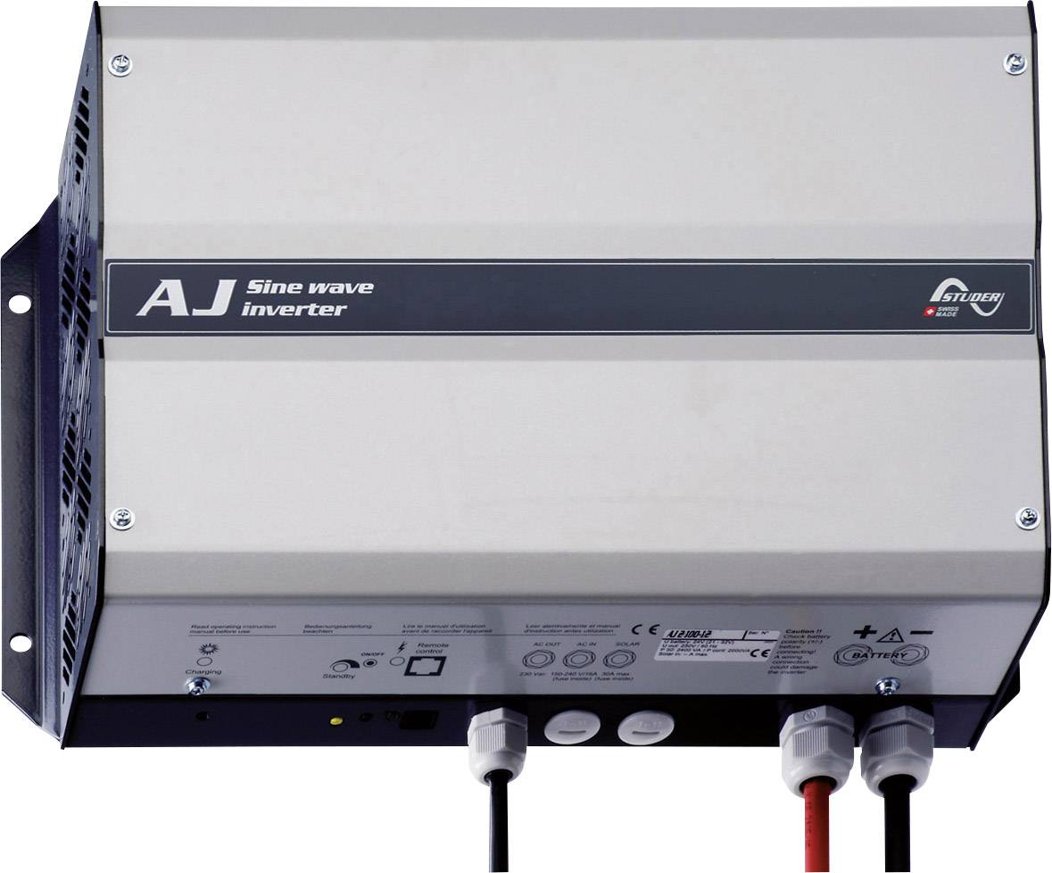 Šedý sinusový měnič s označením 'AJ Sine wave inverter' je namontován na stěně a zobrazuje připojovací kabely dole.