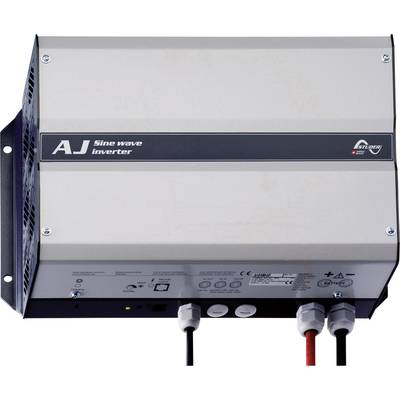 Šedý sinusový měnič s označením 'AJ Sine wave inverter' je namontován na stěně a zobrazuje připojovací kabely dole.