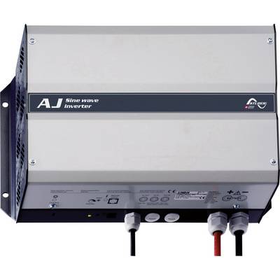 Stříbrný sinusový měnič s nápisem 'AJ Sine wave inverter' vlevo nahoře, dva kabelové konektory dole.