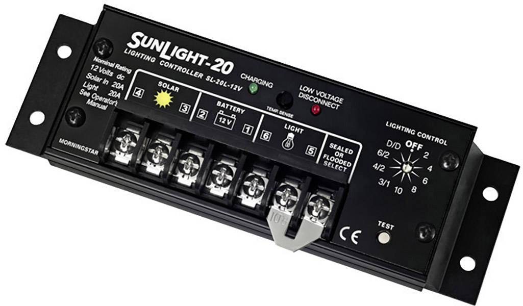 Černý solární regulátor nabíjení s nápisem 'SUNLight-20'. Má připojení pro solární panel, baterii a osvětlení, jakož i různá nastavení pro řízení světla.
