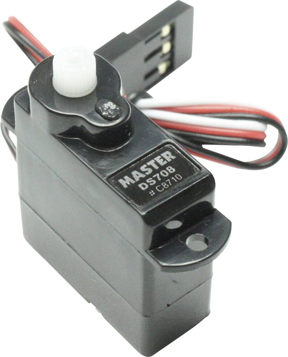 Malý černý servomotor s kabelovými přípoji, model 'Master DS70B', vhodný pro modelářství a robotické aplikace.