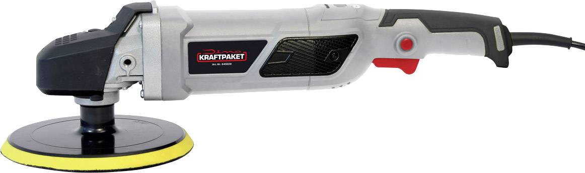 Elektro leštička s ergonomickou rukojetí a žlutým leštícím kotoučem, vhodná pro úpravu povrchů a péči o automobily.