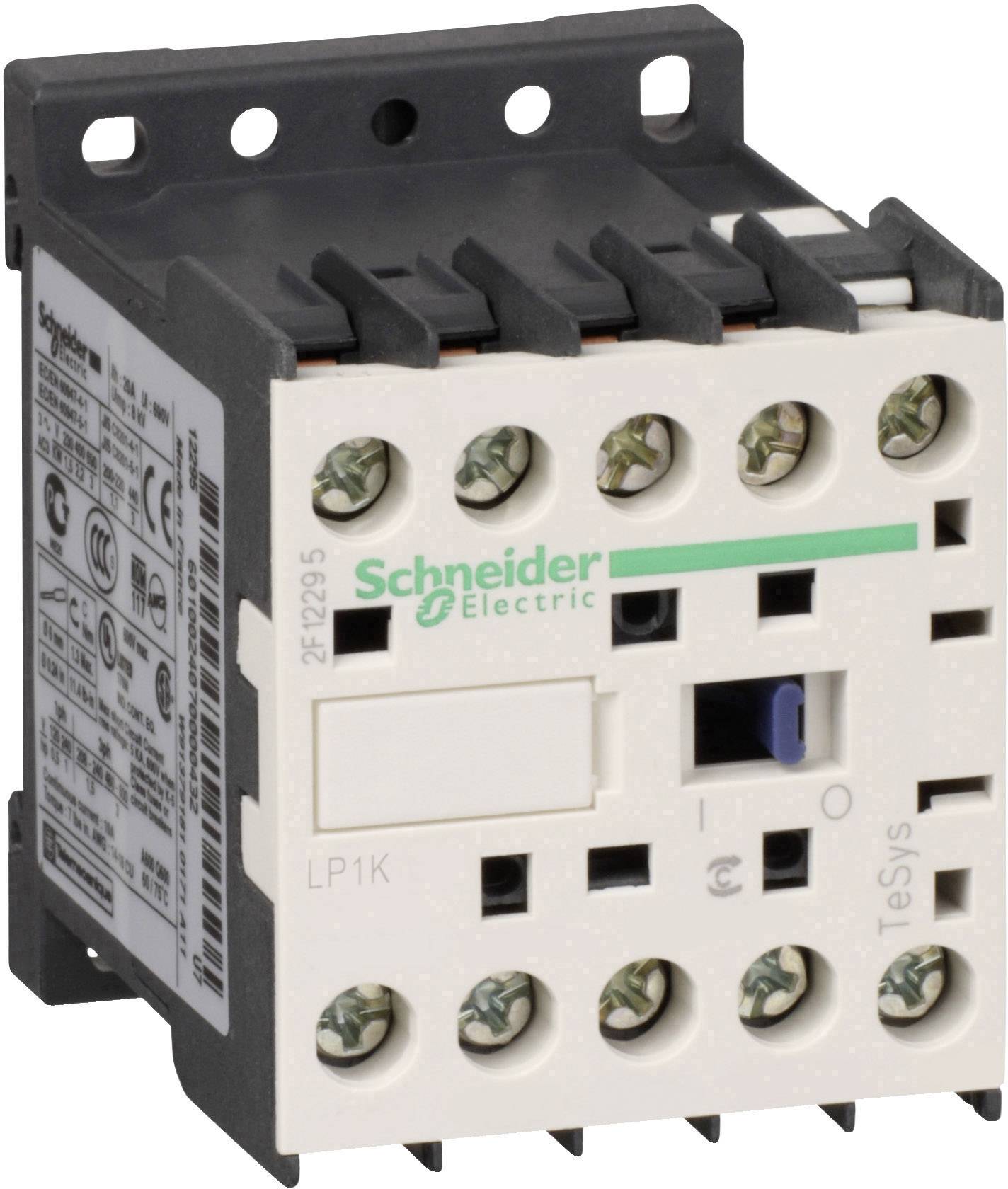 Bílý elektrický stykač od Schneider Electric s několika šroubovými svorkami a spínači, vhodný pro řízení aplikací.