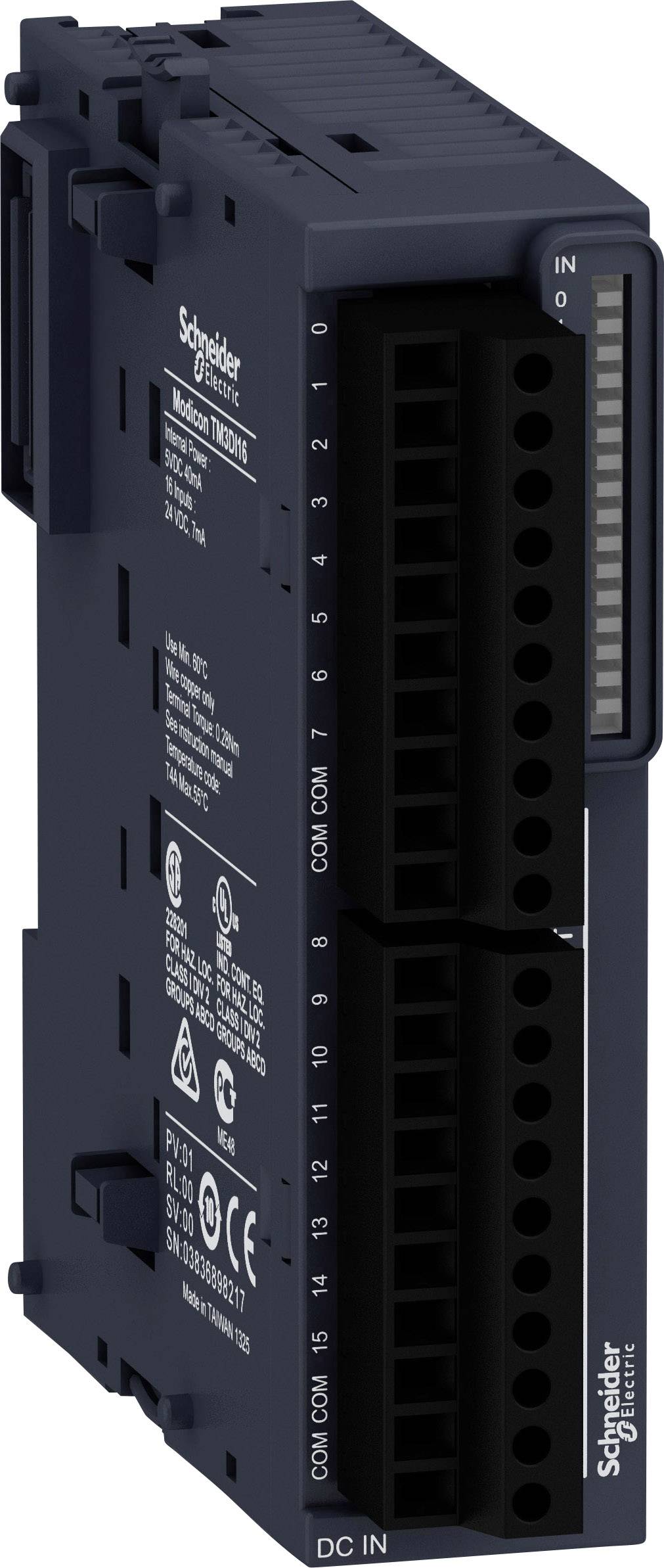 Elektrický modul od Schneider Electric s přípojkami a technickými údaji na přední straně. Slouží k řízení v automatizačních systémech.