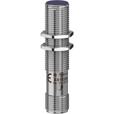 Válcový přiblížení senzor z kovu, model 'XS112B3PAU12', vhodný pro napětí od 12 do 24 V. Vhodný pro průmyslové aplikace.