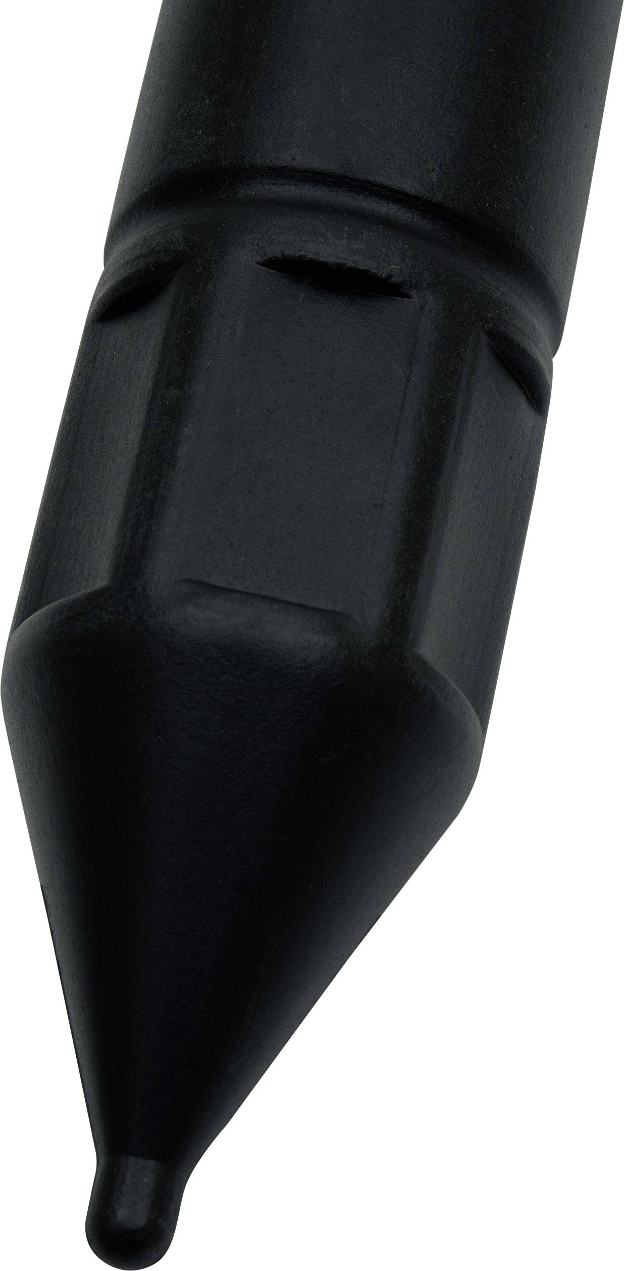 Detailní záběr hrotu černého pera, pravděpodobně digitálního kreslicího pera nebo stylusu.