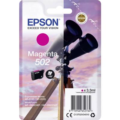 Balení pro purpurový inkoust Epson 502, zobrazující dalekohled na stativu před růžovým nebem. Kompatibilní s tiskárnami XP-5100, XP-5105.