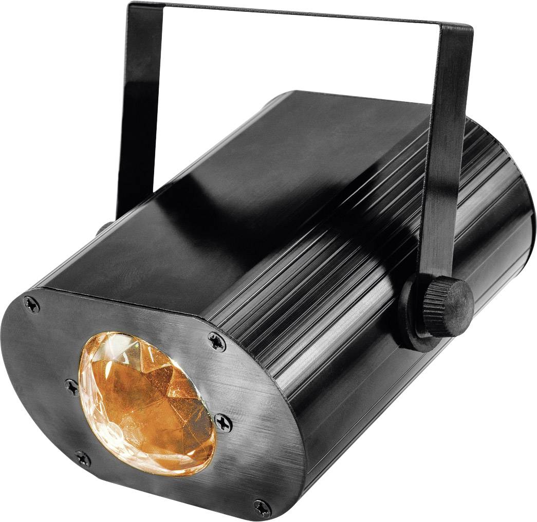 Černý divadelní reflektor s oranžovým světlem, vhodný pro akce nebo divadlo, upevněný na nastavitelném držáku.