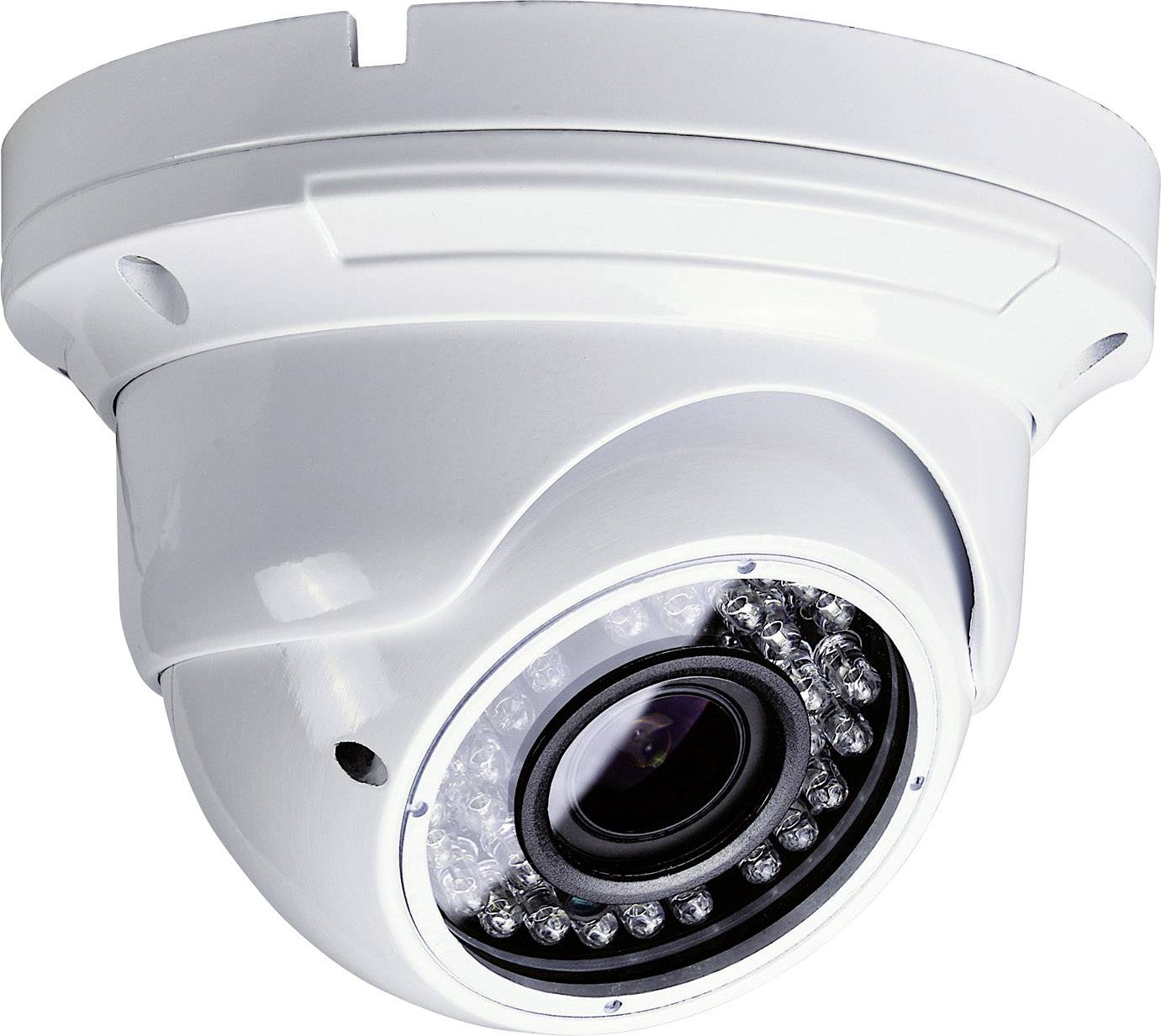 Bílá bezpečnostní kamera s objektivem a infračervenými LED diodami pro noční vidění. Je namontována na stropě.