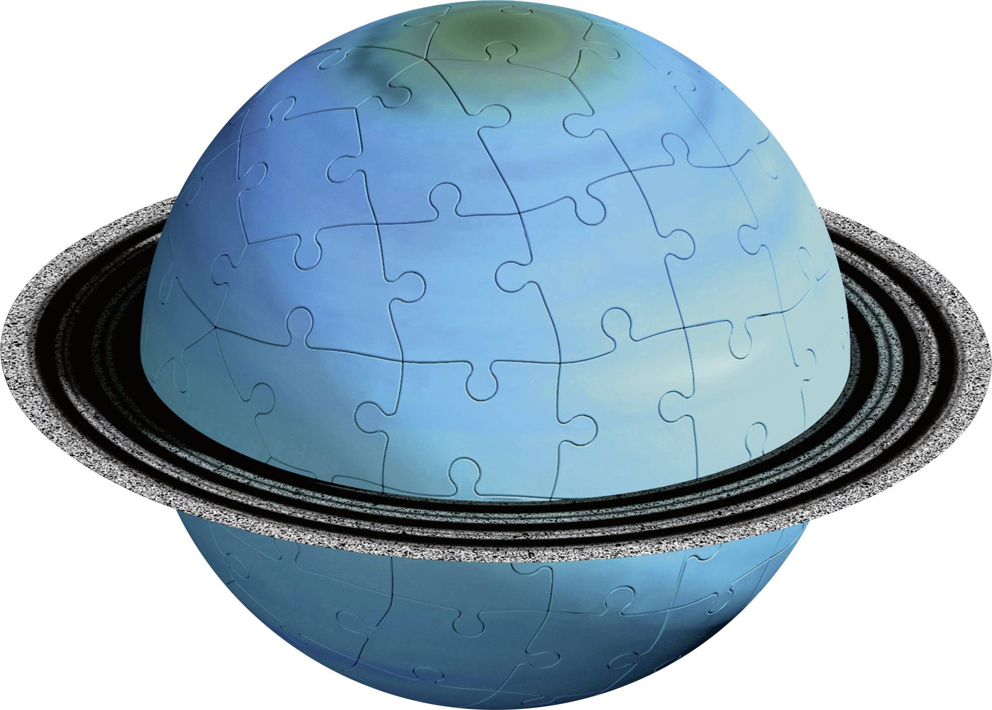 Kulový puzzle znázorňuje modrou planetu s prstenci, podobnou Saturnu, na bílém pozadí.