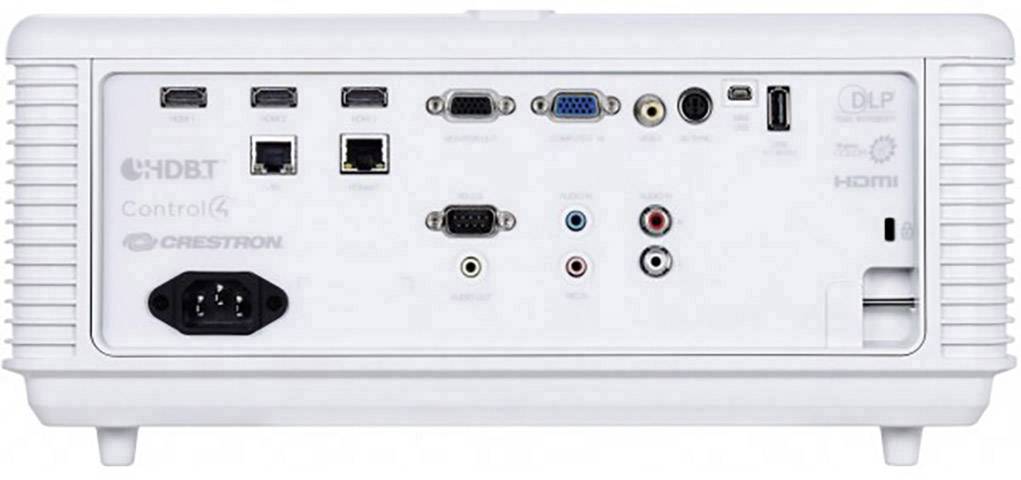 Pohled zezadu na projektor s různými možnostmi připojení, jako jsou HDMI, USB, Ethernet a VGA, určený pro všestranné připojení.