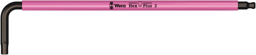 L-klíč s úhlovým zakončením s růžovou rukojetí a potiskem 'Wera Hex-Plus 3', vhodný pro šestihranné šrouby.