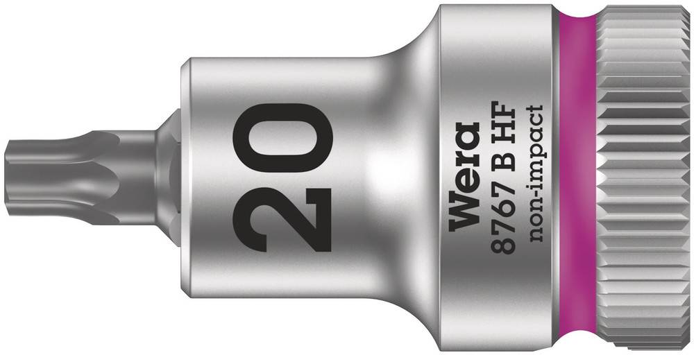 Bit Wera 8767 B HF non-impact, velikost T20, s vroubkovaným okrajem a růžovým prstencem na patce, určený pro ruční šroubování.