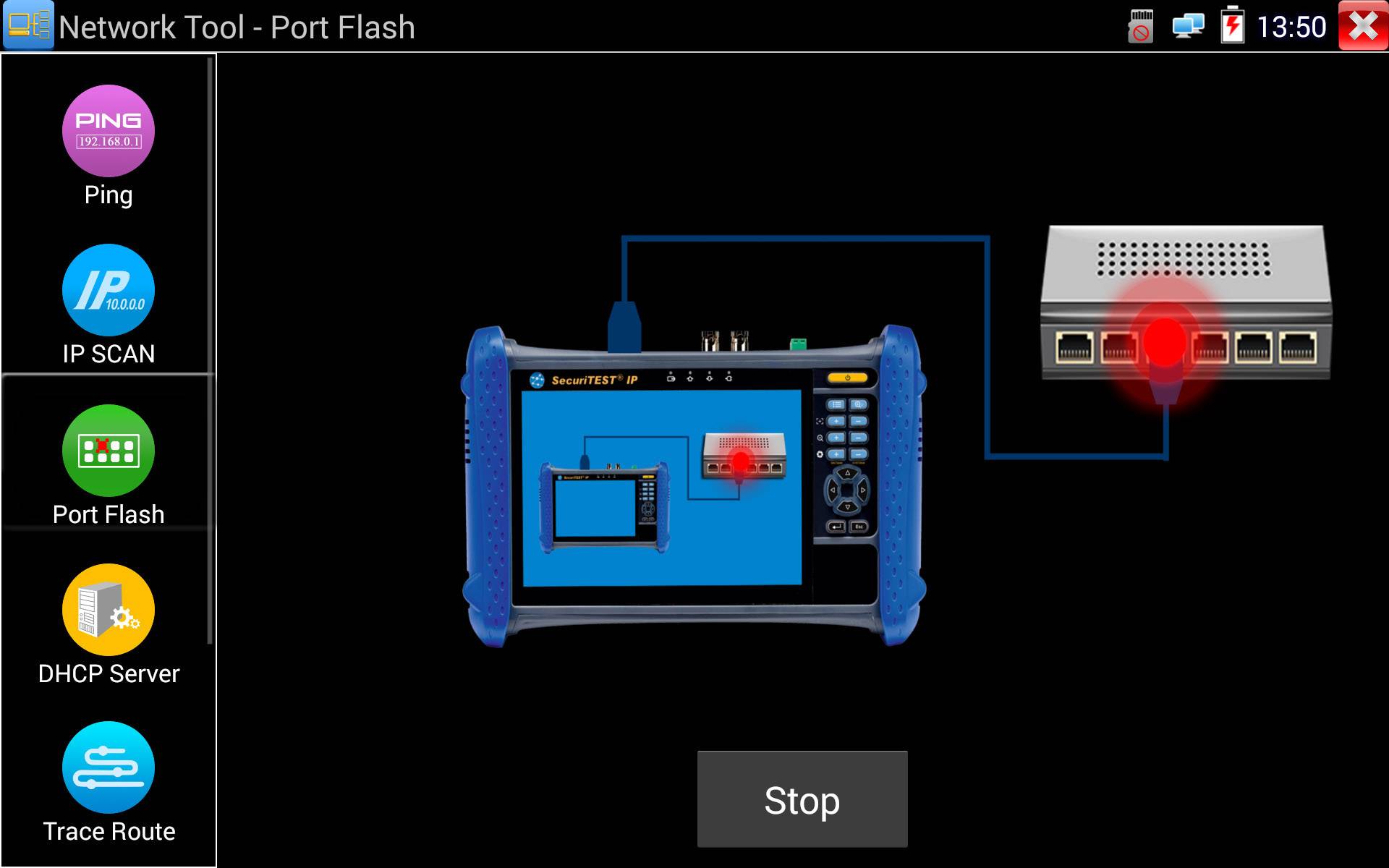 Nástroj sítě - Port Flash zobrazuje diagnostické zařízení s diagramem síťových připojení. Vlevo jsou možnosti jako Ping, IP Scan, Port Flash.