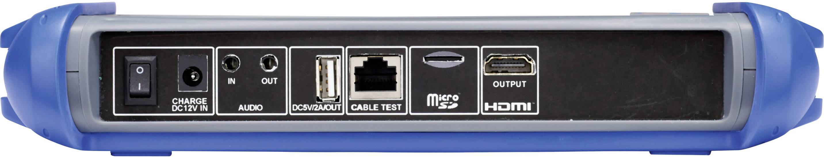 Pohled zezadu na elektronické zařízení s přípojkami: napájení, audio vstup/výstup, LAN, test kabelu, HDMI.