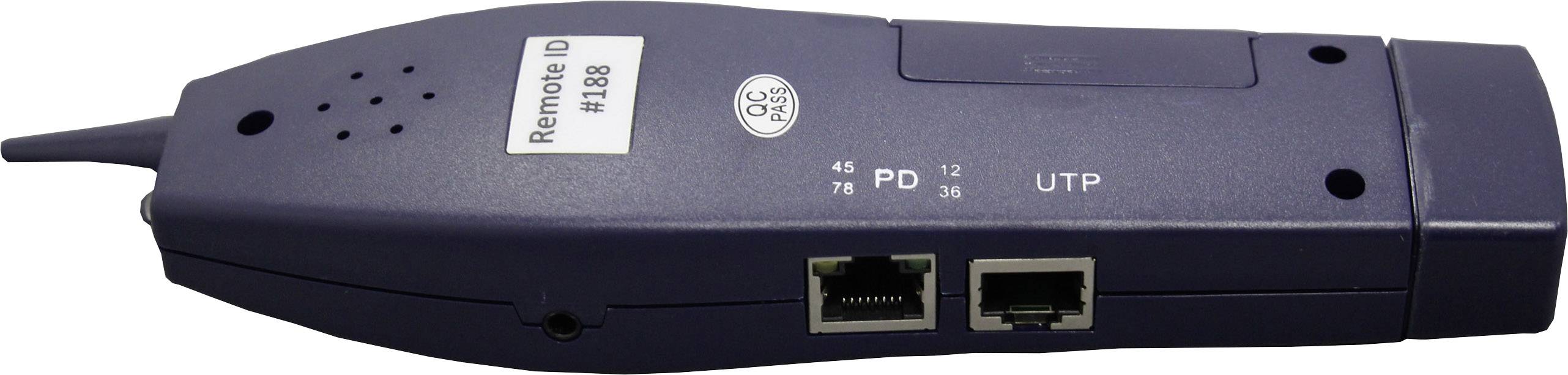 Obrázek ukazuje modré síťové testovací zařízení se dvěma ethernetovými porty a štítkem s nápisem 'Remote ID #188'.