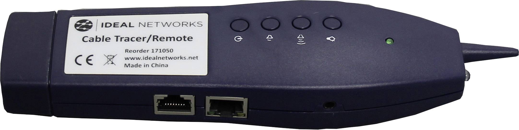 Kabelový tester s několika tlačítky a porty, vyrobený společností 'Ideal Networks'. Na štítku jsou zobrazeny informace o produktu a zemi původu.