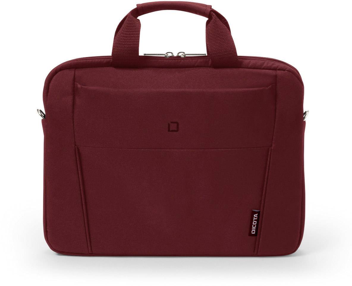 Červená brašna na notebook s rukojetí, hlavní kapsou a zipem. Má jednoduché, elegantní designové provedení, vhodné pro cestování nebo kancelář.