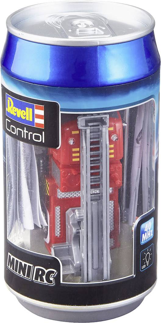 Revell Control hračka ve tvaru plechovky, obsahující mini vozidlo na dálkové ovládání, zabalené v modré hliníkové nádobce.