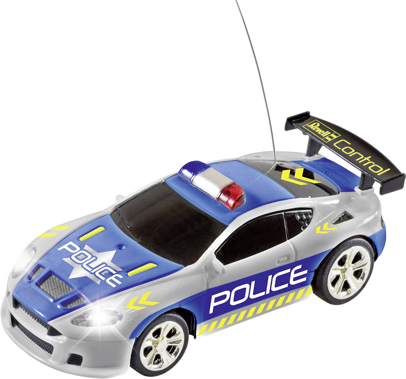 Hračkářské policejní auto s modro-bílým lakováním, nápadnou anténou a nápisem 'Police Control'.