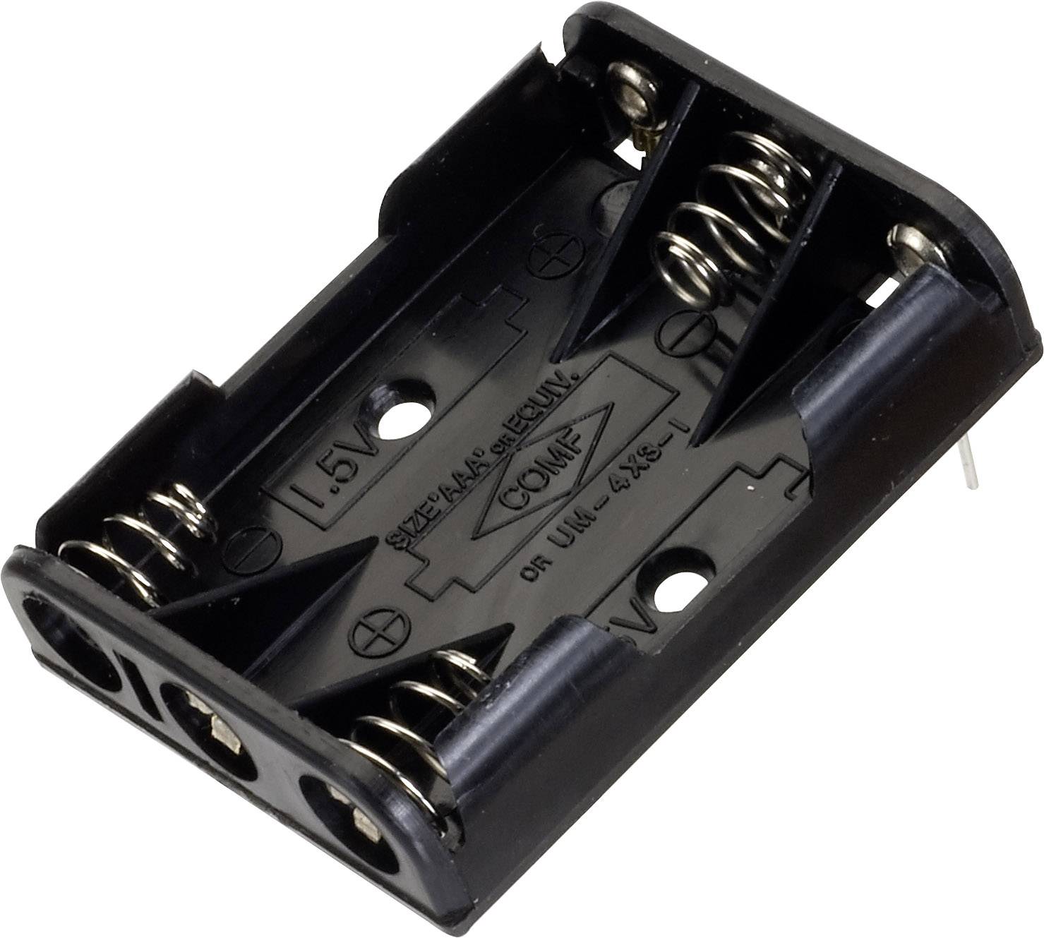 Černý plastový držák baterií pro dva články AA. Obsahuje kovové kontakty a pružinový mechanismus pro bezpečné upevnění.