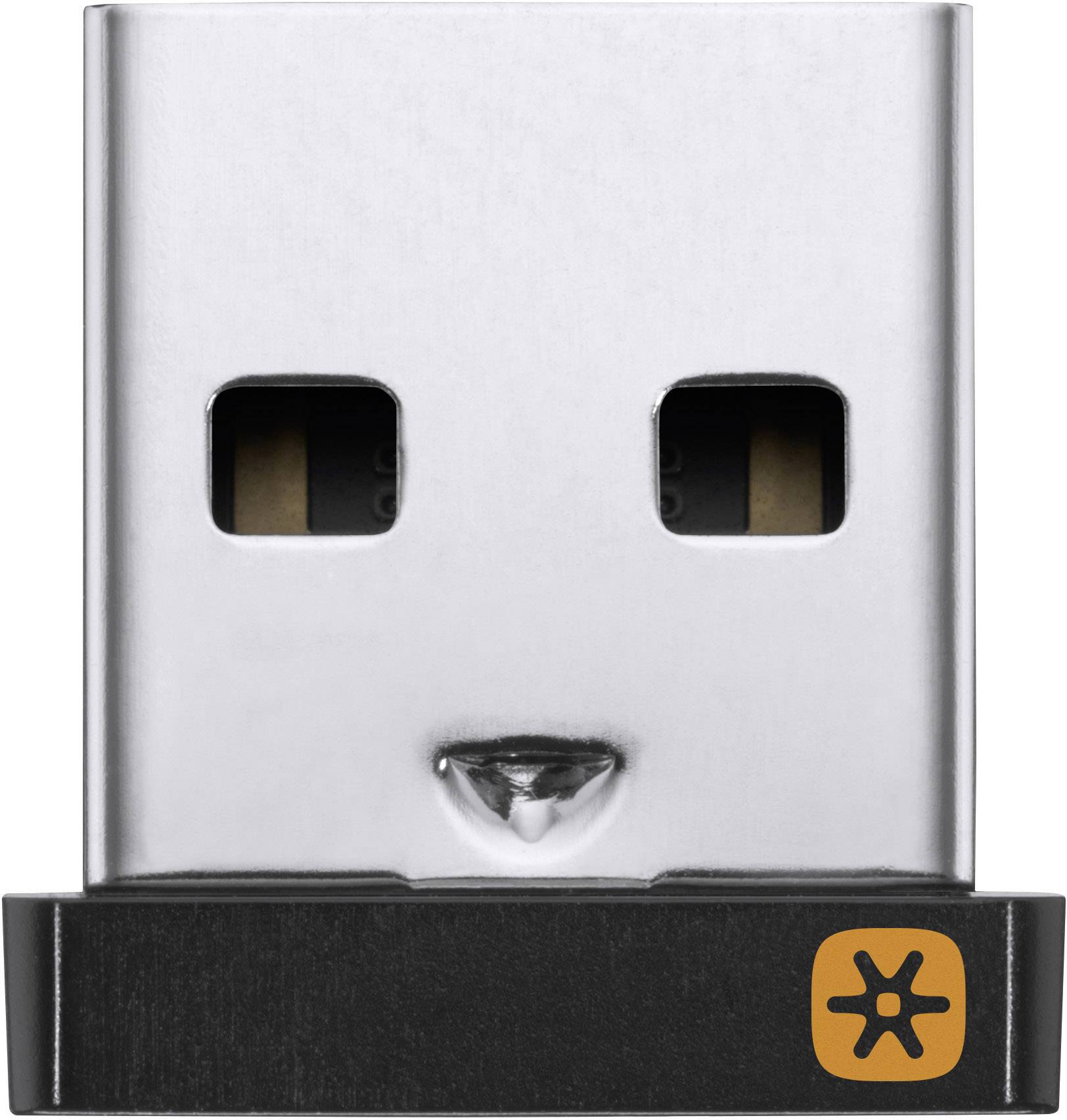 Malý, obdélníkový USB dongle s černou plastovou základnou a oranžovým symbolem, který vypadá jako hvězda.