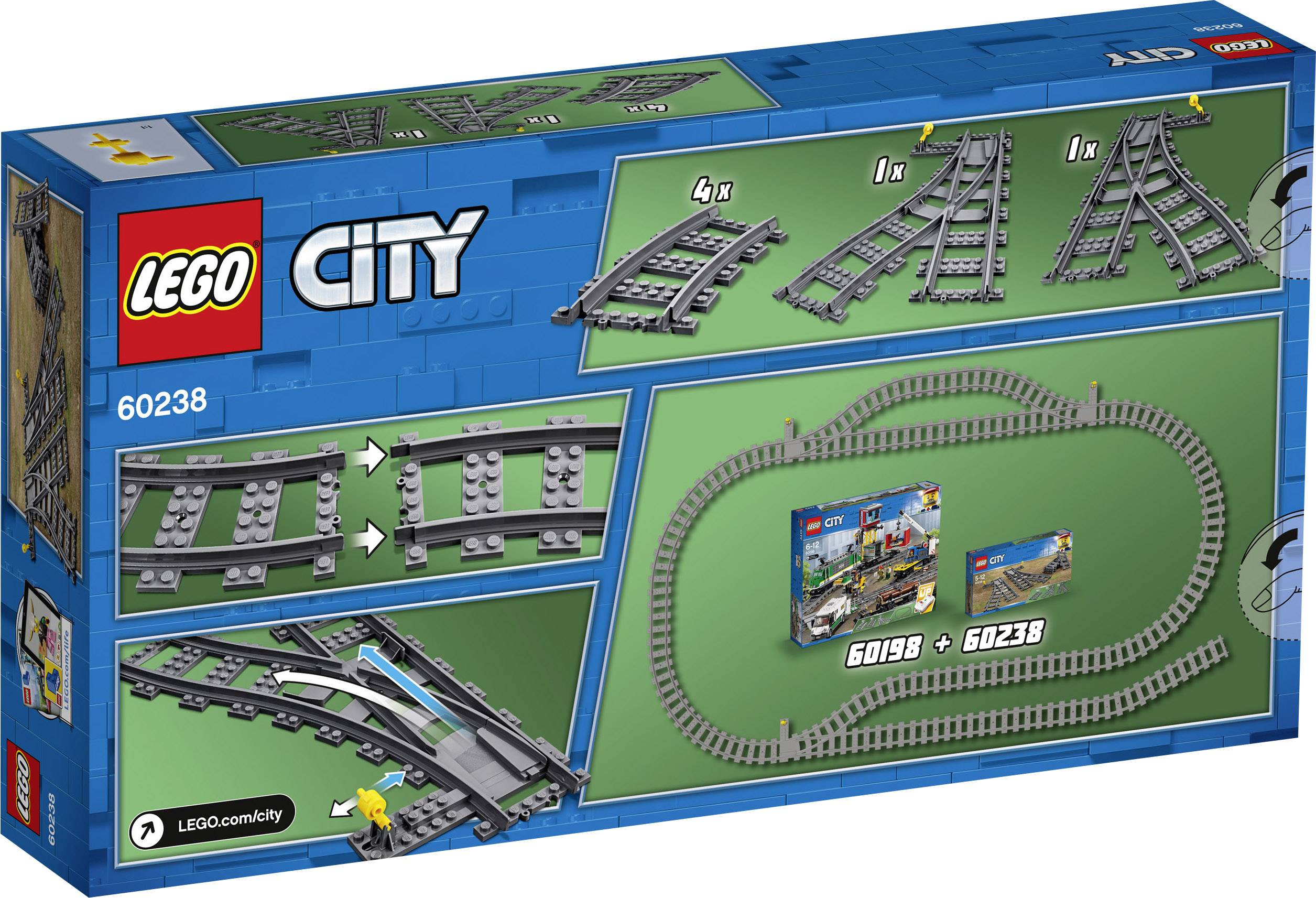LEGO CITY Kolejový set s zakřivenými a přímými díly tratě. Obrázek na obalu zobrazuje kolejové spoje a dva odkazy na kompatibilitu.