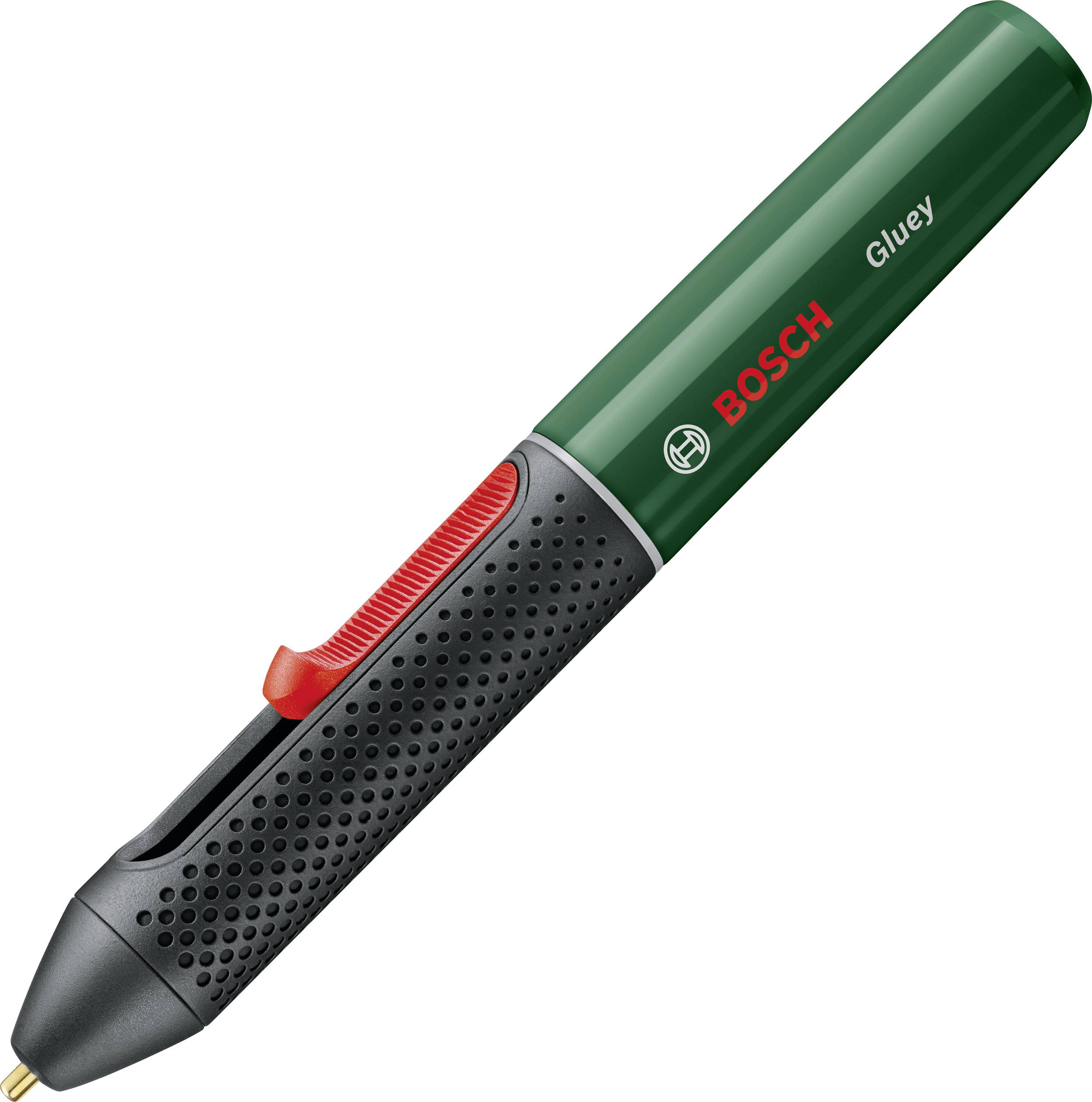 Zelená lepicí tyčinka Bosch Gluey, ergonomicky tvarovaná s protiskluzovou rukojetí, vhodná pro přesné ruční práce.