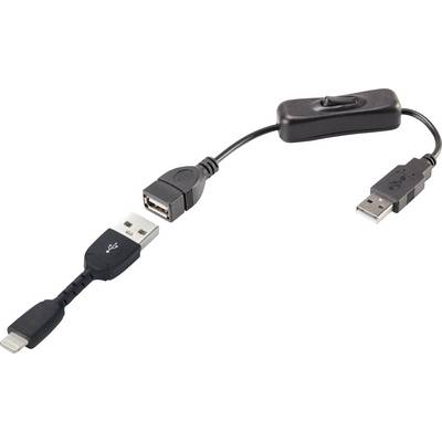 Kabelový adaptér s USB portem a spínačem pro kontrolu napájení. Propojuje zařízení přes USB nebo Lightning konektor.