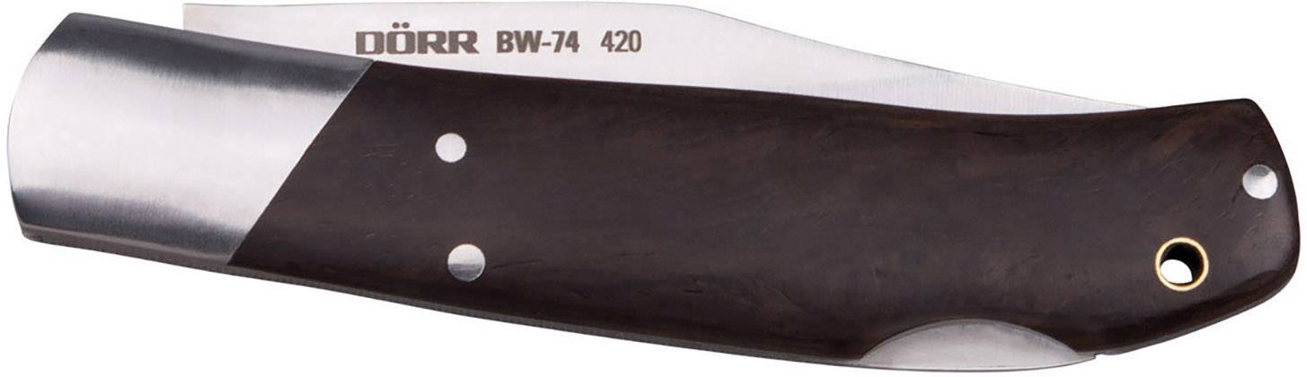 Kapesní nůž s tmavým dřevěným držadlem a lesklou kovovým ostřím, označený nápisem 'Dörr BW-74 420'.