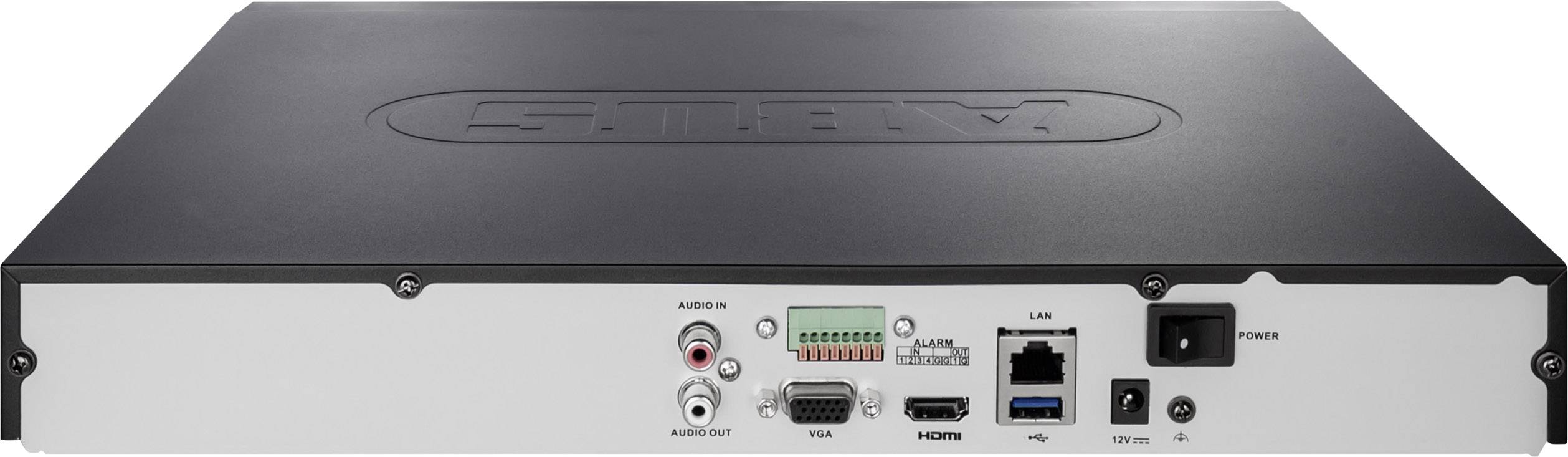 Zadní strana černého elektronického zařízení s konektory: Audio IN/OUT, HDMI, LAN, napájení. Značka nahoře viditelná.