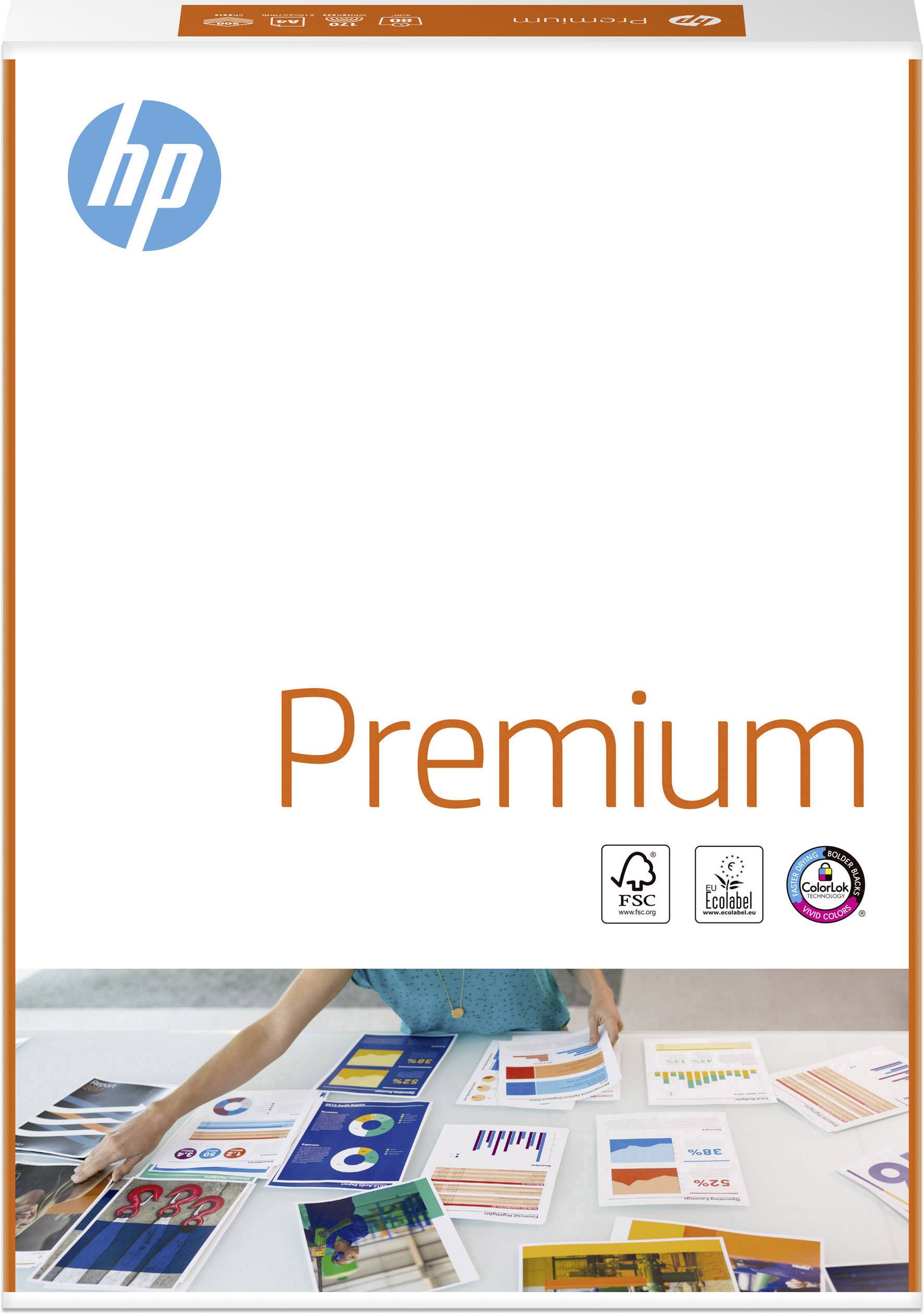 HP Premium papírový obal, zobrazuje diagramy a zprávy na stole. Certifikační symboly dole: FSC, EU Ecolabel, ColorLok.