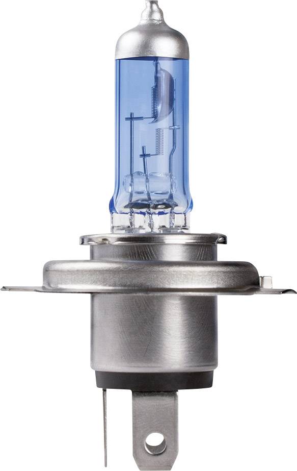 Stříbrná halogenová lampa se modrým sklem, typicky používaná pro automobilové světlomety.