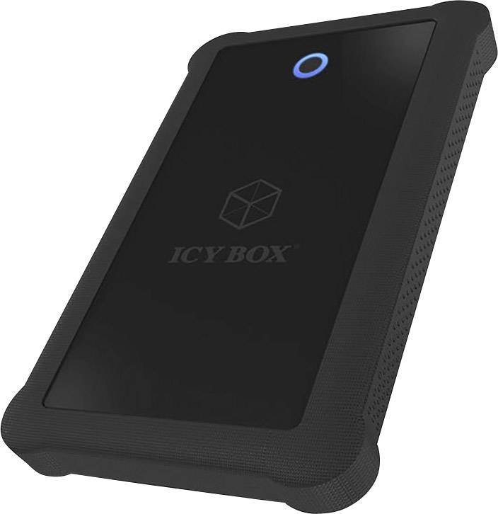Externí pevný disk s černým pouzdrem a zaoblenými rohy. Nahoře svítí modrý kroužek. Vyrytý název značky.