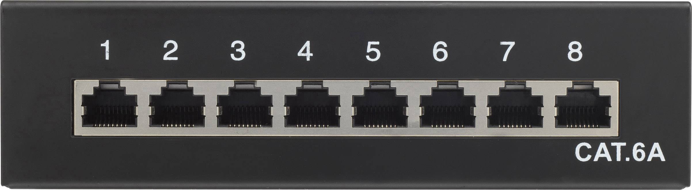 Černý síťový switch s osmi ethernetovými porty, číslovanými od 1 do 8. Označení dole vpravo: 'CAT.6A'.