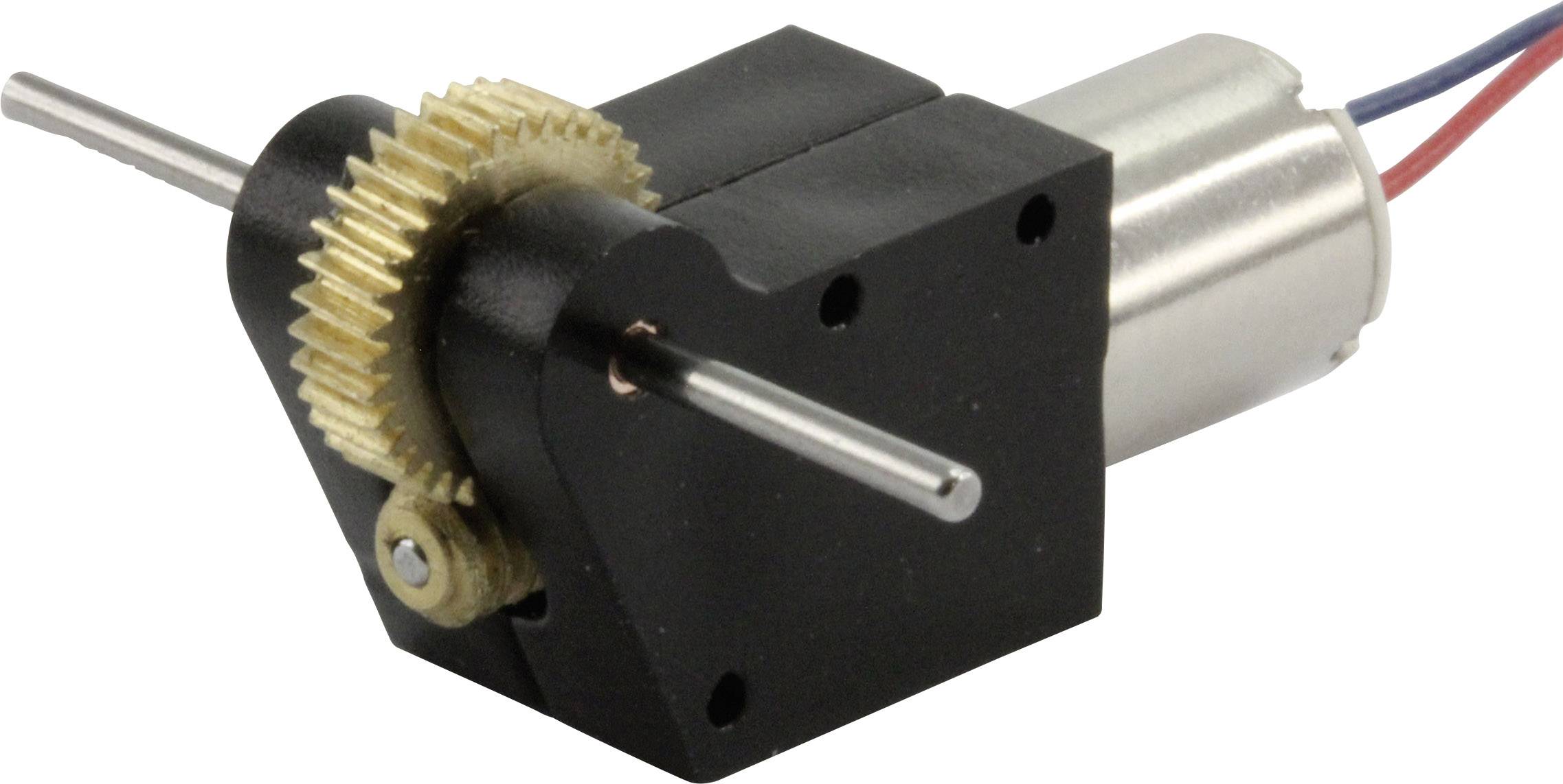 Miniaturní elektromotor s kovovými ozubenými koly, černým obdélníkovým pouzdrem a vodiči vedoucími elektrický proud.